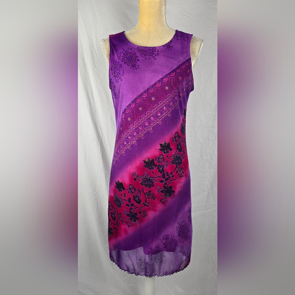 My Michelle Purple Floral Whimsigoth Fairy Y2k Bodycon Dress sz L Vintage